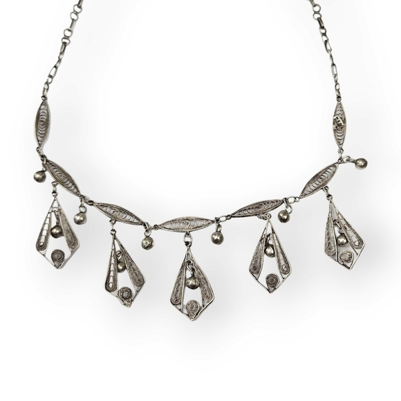 VINTAGE Sterling Filigree Necklace Chain Turkish Style Leaves Flowers 925 Silver - Picture 8 of 11